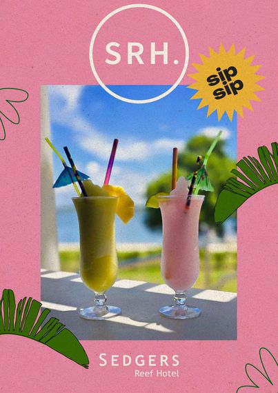 Two colorful milkshakes in tall glasses on a pink poster with the text “SRH.”