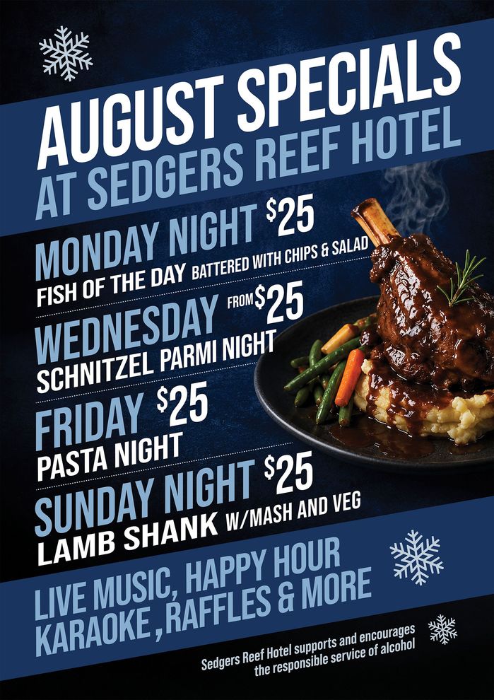 August specials poster for Sedgers Reef Hotel with daily meal deals and live music
