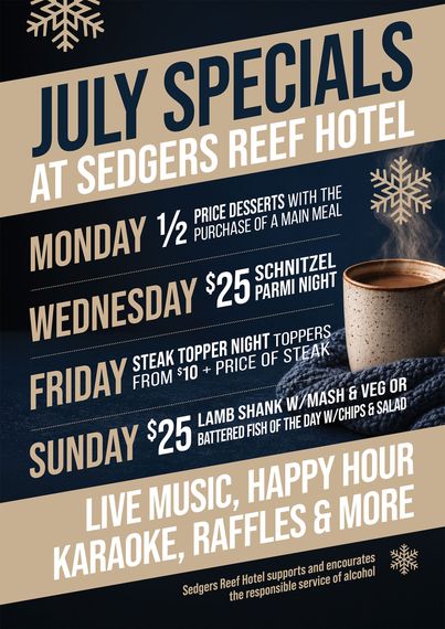 Blue June specials flyer for Sedgers Reef Hotel listing Monday, Wednesday, Friday and Sunday deals and live music.