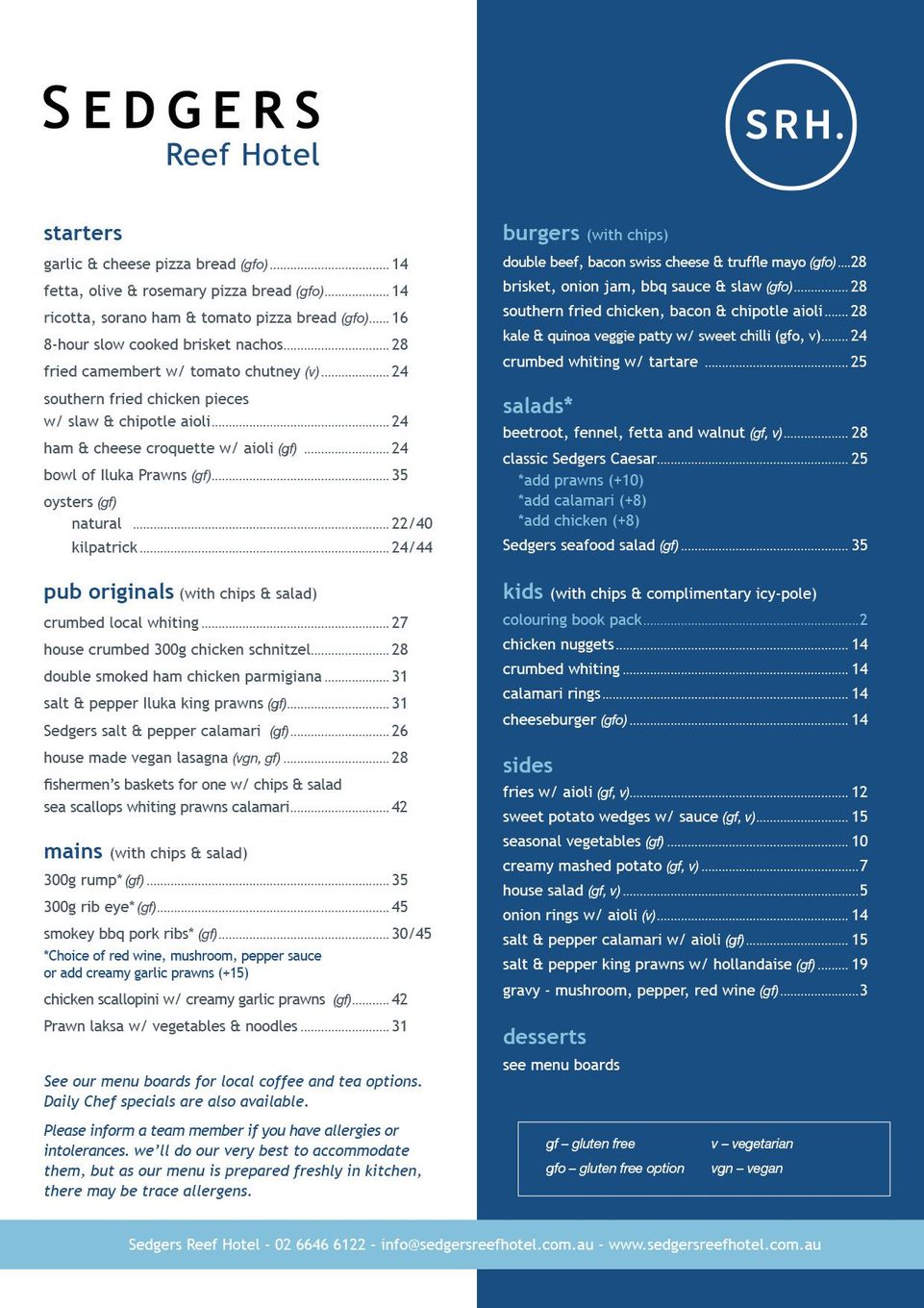 A blue and white menu for sedgers reef hotel