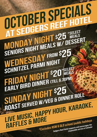 October specials at Sedge Restaurant & Reef Hotel with meal deals and event nights on a black-and-orange poster