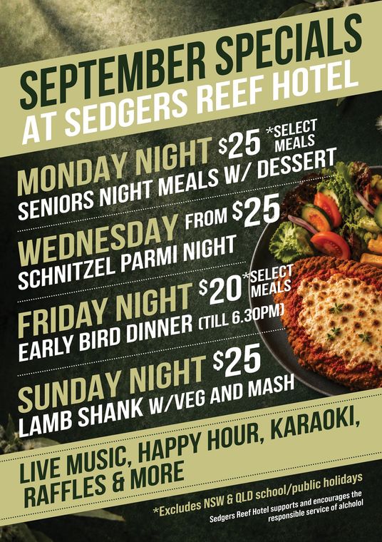 September specials poster at Sedgers Reef Hotel with meal deals, live music, happy hour, and karaoke