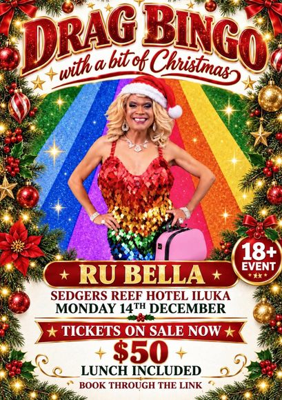 Drag Bingo Christmas event poster with Ru Bella, 18+ show, Friday 12 December at The Lodge, tickets $50, lunch included