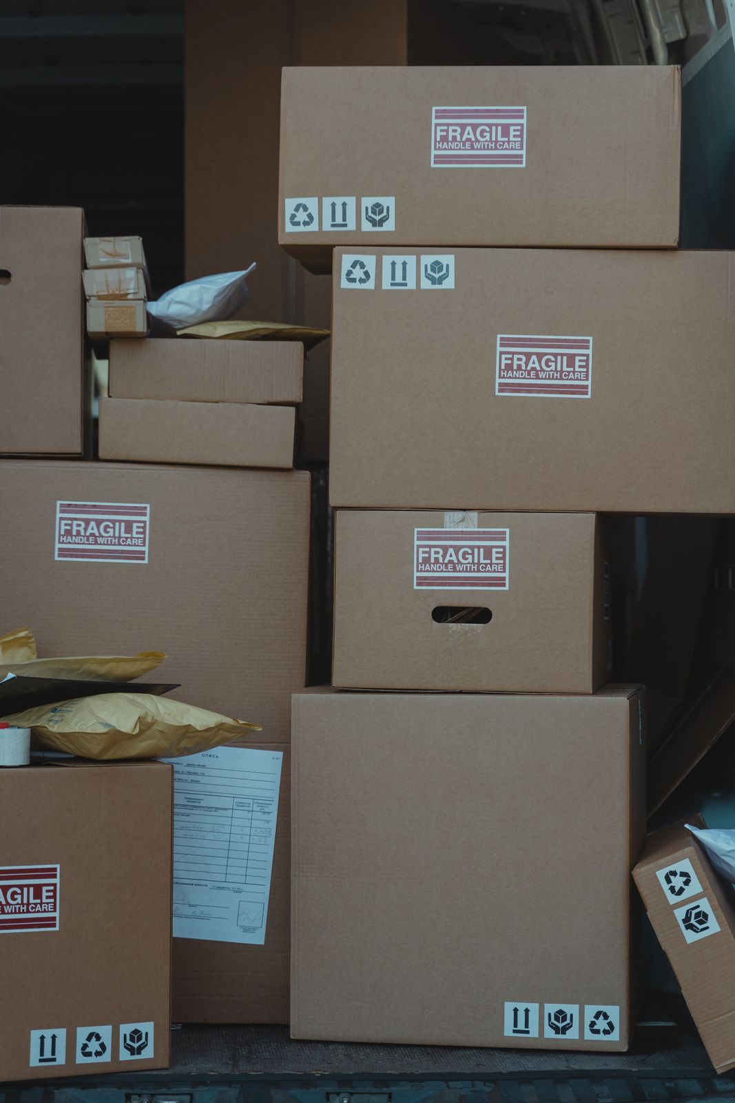 Stacked cardboard moving boxes in a narrow storage area, some labeled and some open, with packing paper visible.