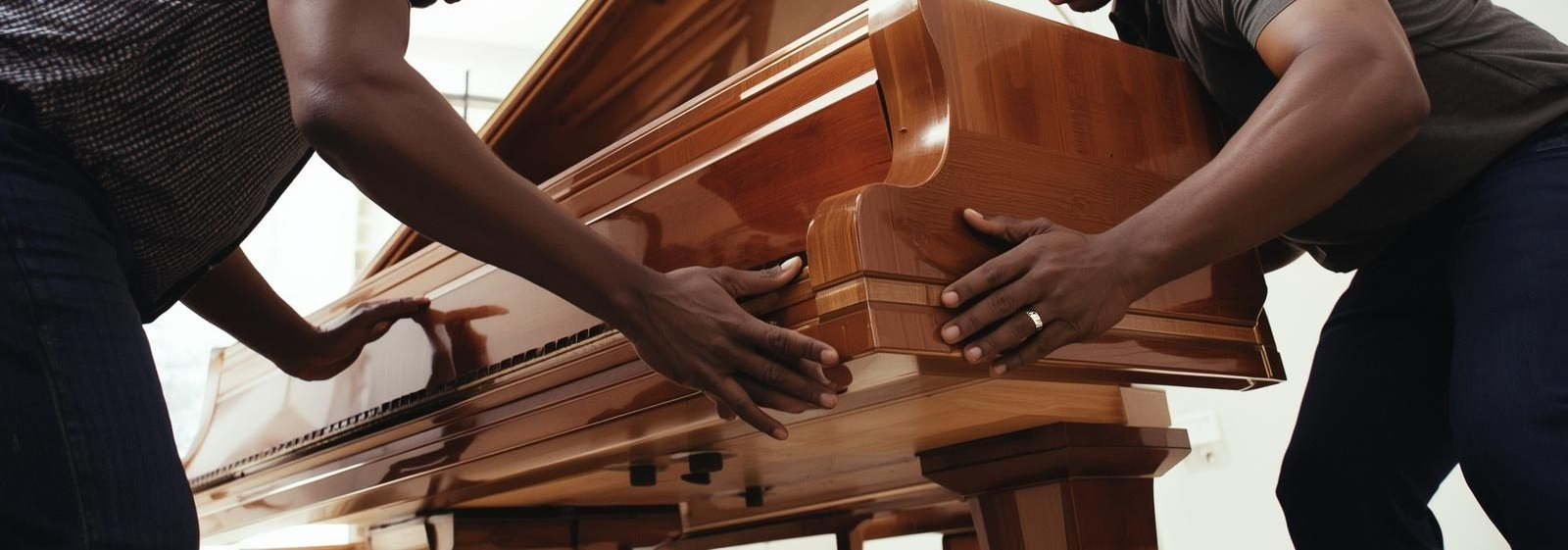 Hands placing a wooden coffin into a hearse, viewed from the side.