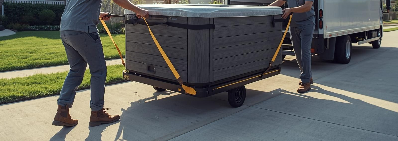 Two workers move a large gray bin on a hand truck near a white trailer in a driveway.