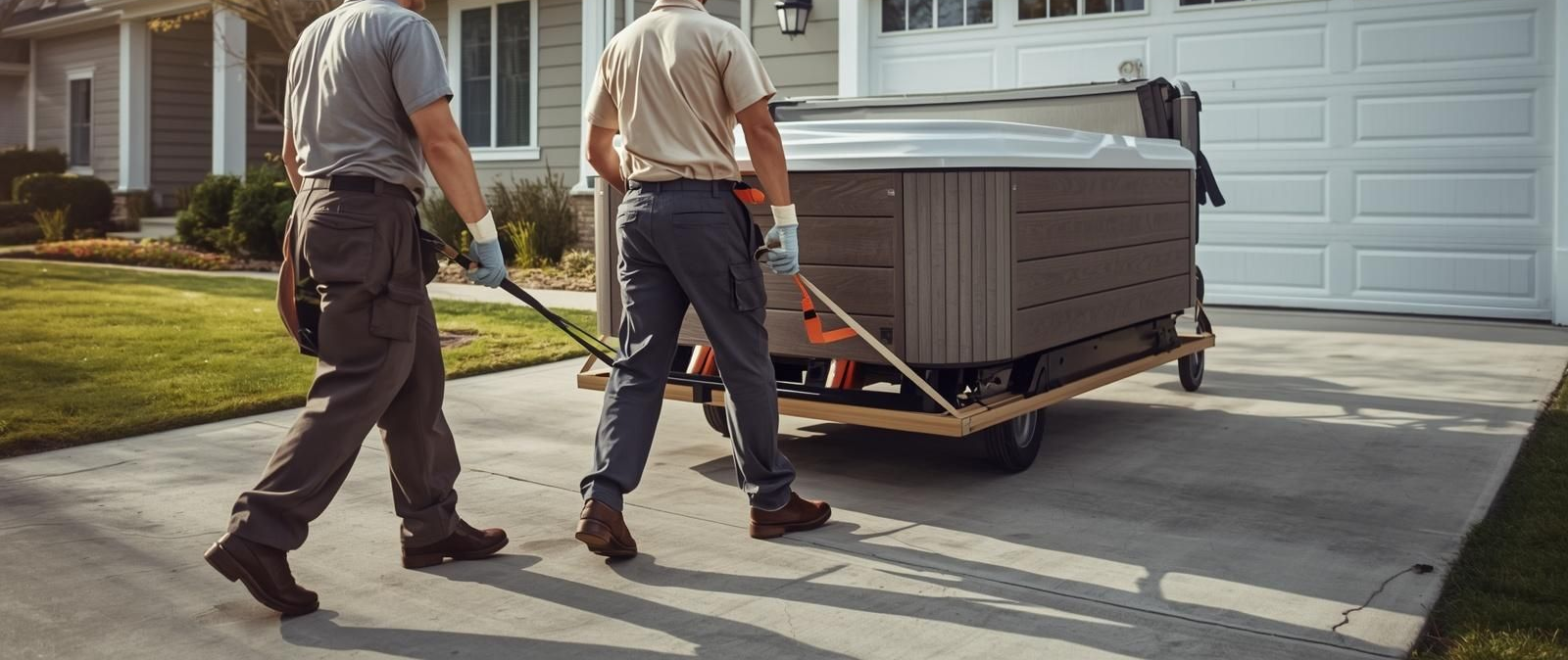 Two movers carrying a gray spa on a dolly across a driveway in front of a house.