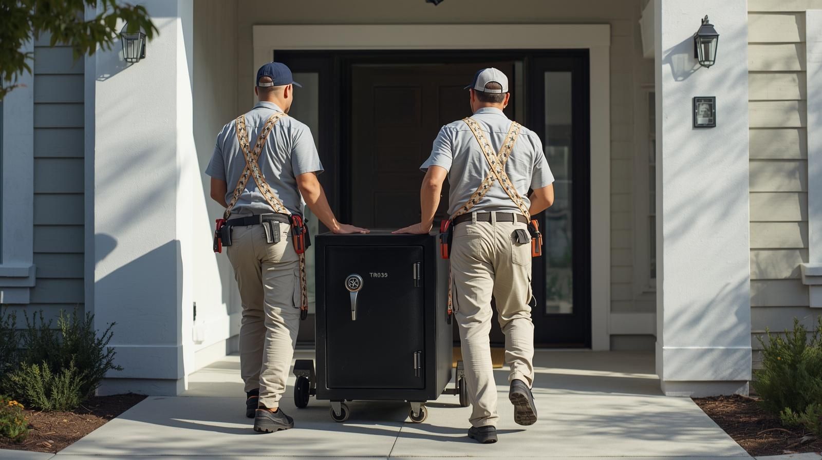 Two workers in matching uniforms carry a large black safe into a house through the front doorway.