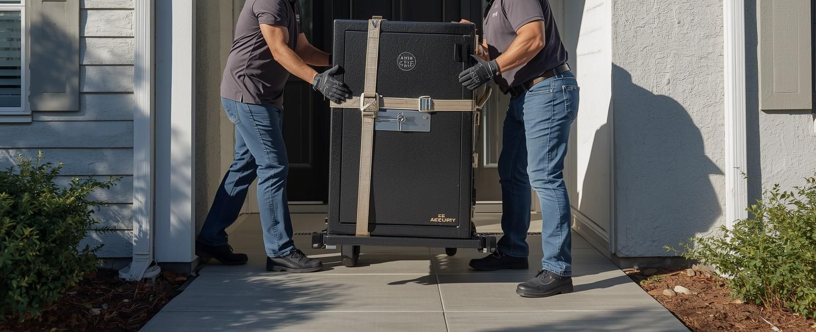 Two movers carrying a black appliance up a front walkway to a house