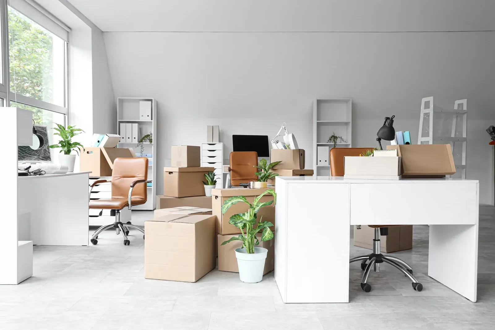 Bright modern office with white desks, chairs, plants, boxes, and a computer in a spacious room