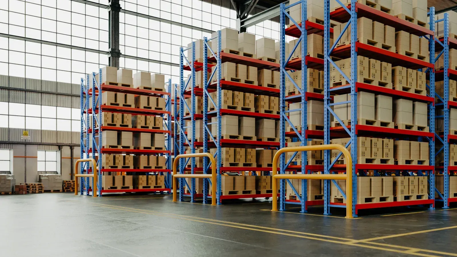 Warehouse aisle with tall blue-and-red pallet racks stacked with boxes and crates under a high ceiling