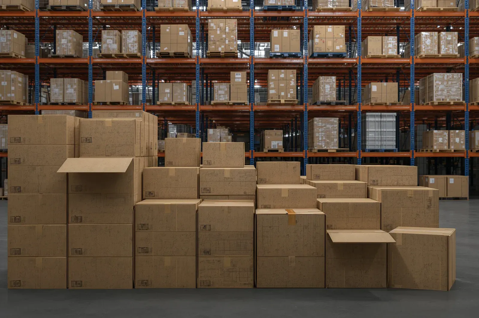 Stacked cardboard boxes in a warehouse aisle with pallet racks in the background