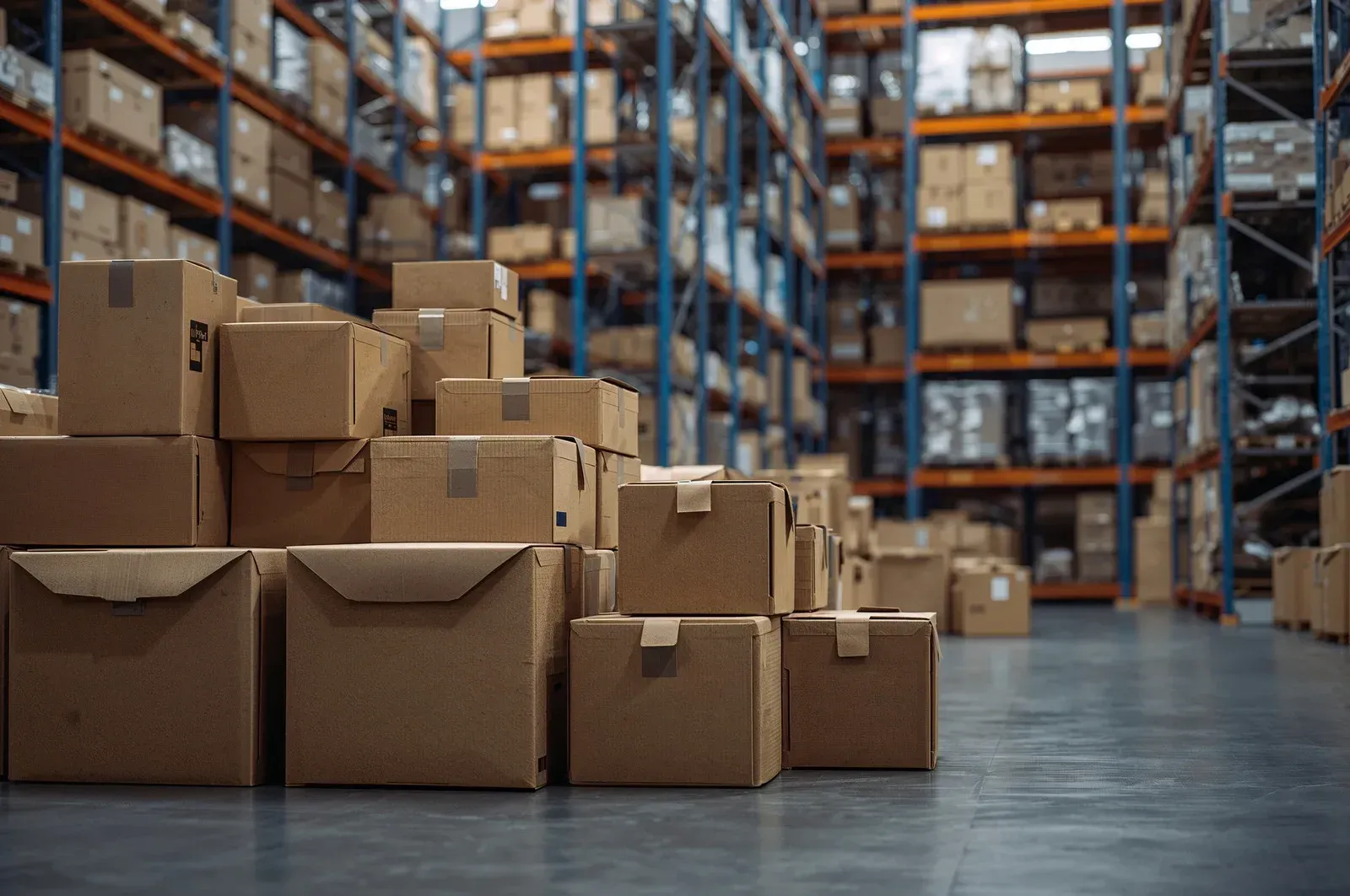 Stacked cardboard boxes in a warehouse aisle with tall storage shelves.