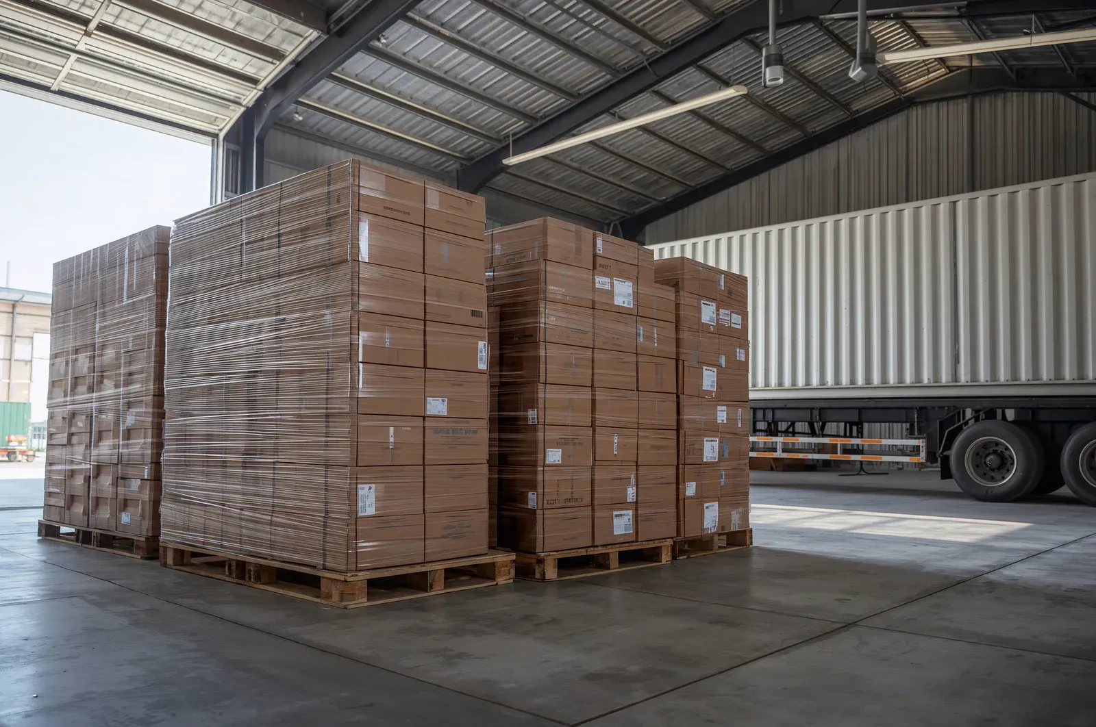 Stacked cardboard boxes on pallets inside a warehouse loading bay beside a parked trailer.