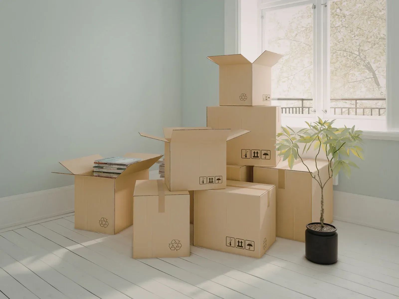Stacked cardboard moving boxes in a bright room by a window, with a potted plant nearby