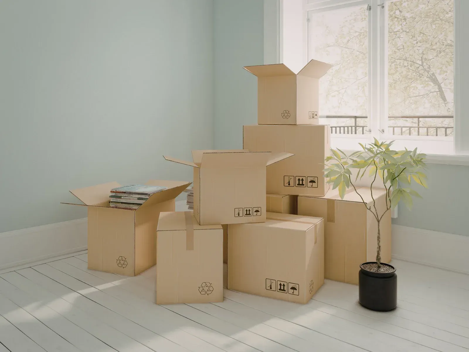 Cardboard moving boxes stacked in a bright empty room by a window, with a small potted tree.