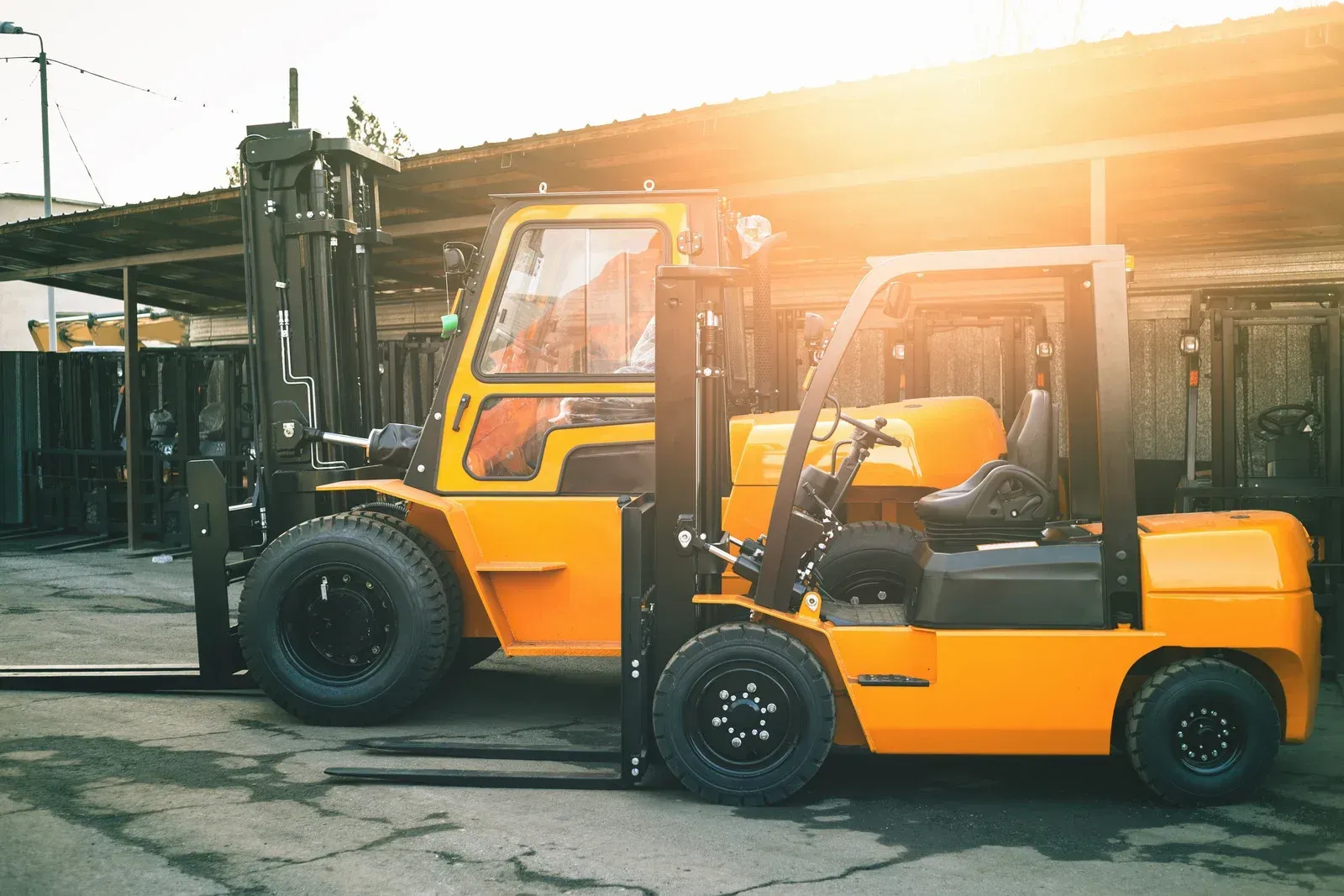 Two yellow forklifts parked side by side in an industrial yard at sunset