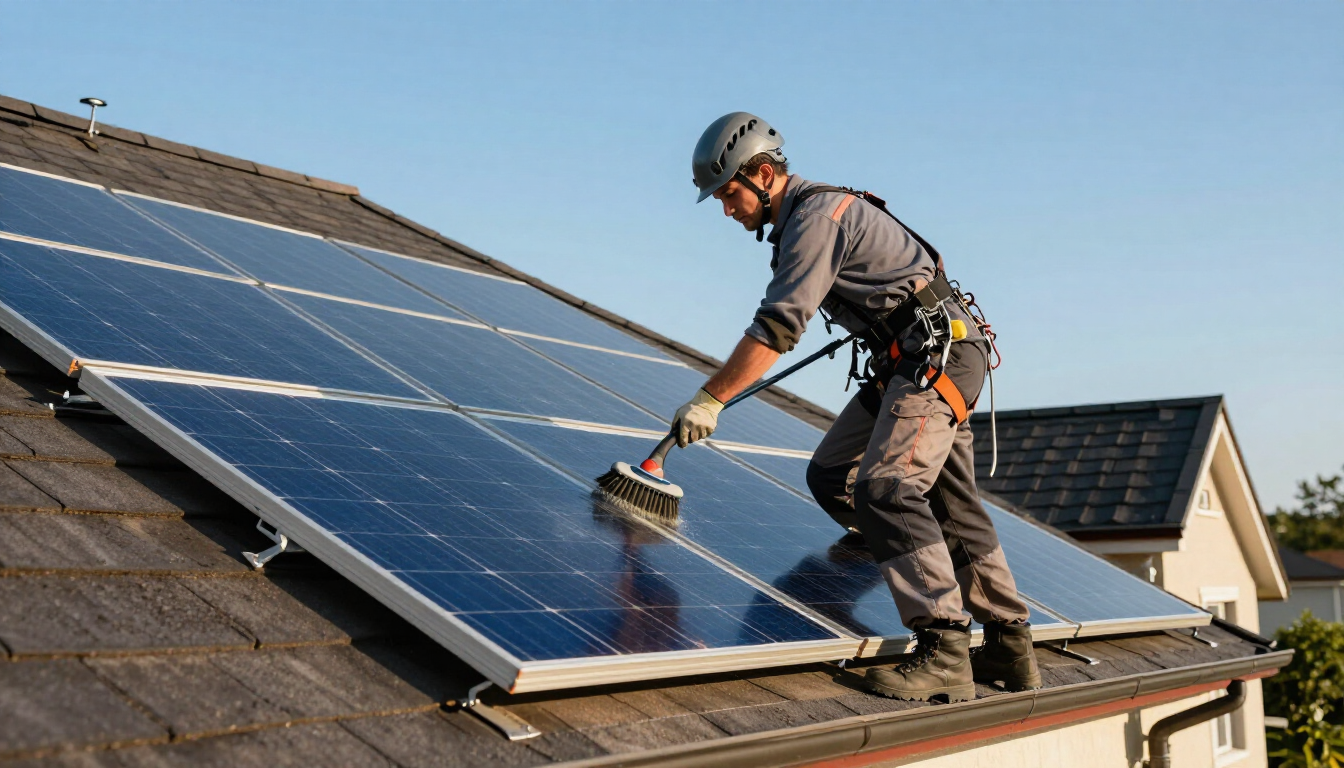 Technician cleaning solar panels