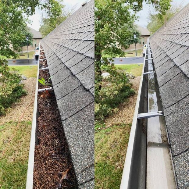 A side-by-side comparison of a roof gutter filled with debris next to the same gutter cleaned and empty.