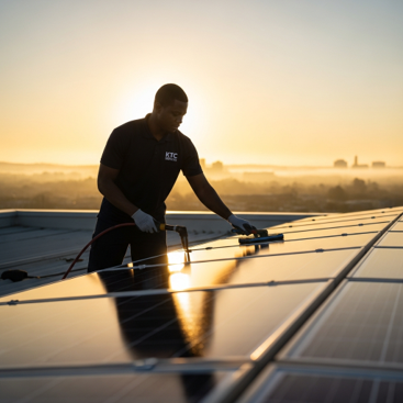 A technician cleans solar panels on a rooftop at sunrise.