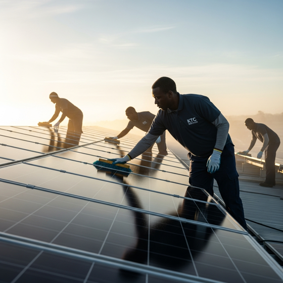 Workers cleaning solar panels on a rooftop during a sunny day.