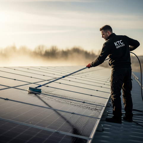 A technician in a black uniform cleans a large rooftop solar panel array with a long-handled brush at sunrise.