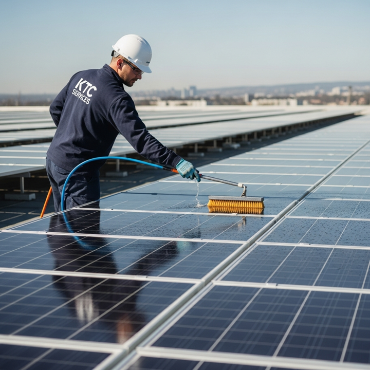 A worker in a hard hat and dark uniform uses a long-handled brush to clean a large array of solar panels on a rooftop.