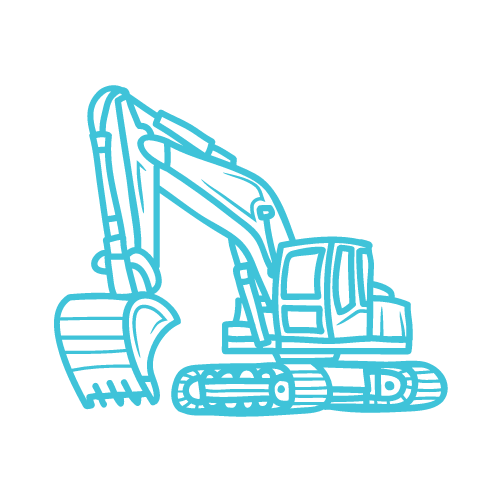 A blue line drawing of an excavator on a white background.
