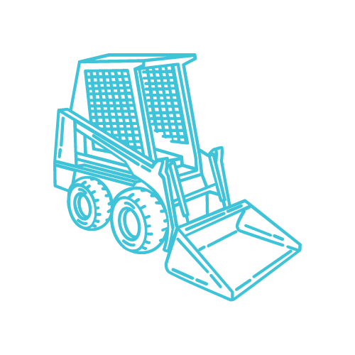 A blue line drawing of a bulldozer with a bucket on a white background.