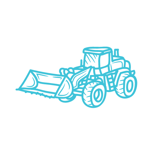 A blue drawing of a bulldozer on a white background.