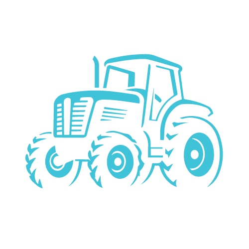 A blue tractor with big wheels on a white background.