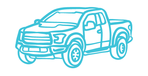 A blue line drawing of a pickup truck on a white background.