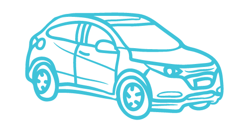 A blue line drawing of a car on a white background.