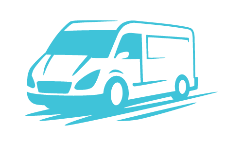 A blue van is driving down a road on a white background.