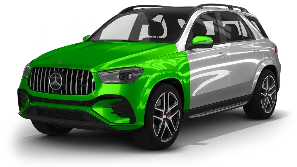Green and silver Mercedes-Benz SUV shown in a front three-quarter view