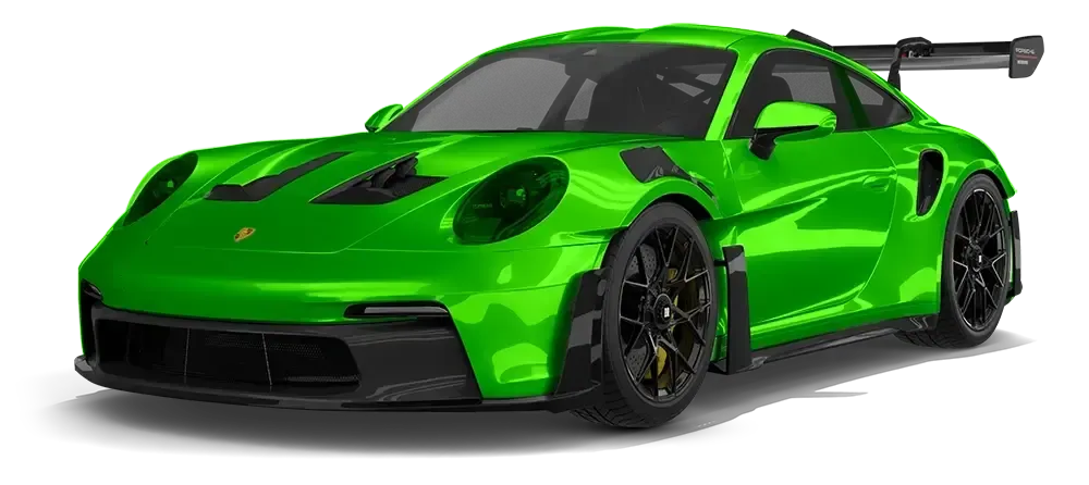Bright green sports car with black wheels and rear spoiler on a white background