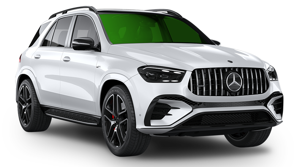 White Mercedes SUV on a white background, front three-quarter view with black trim and green-tinted windows