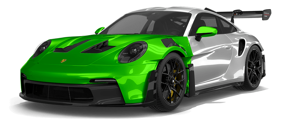 Bright green and silver sports car on a white background with a large rear wing