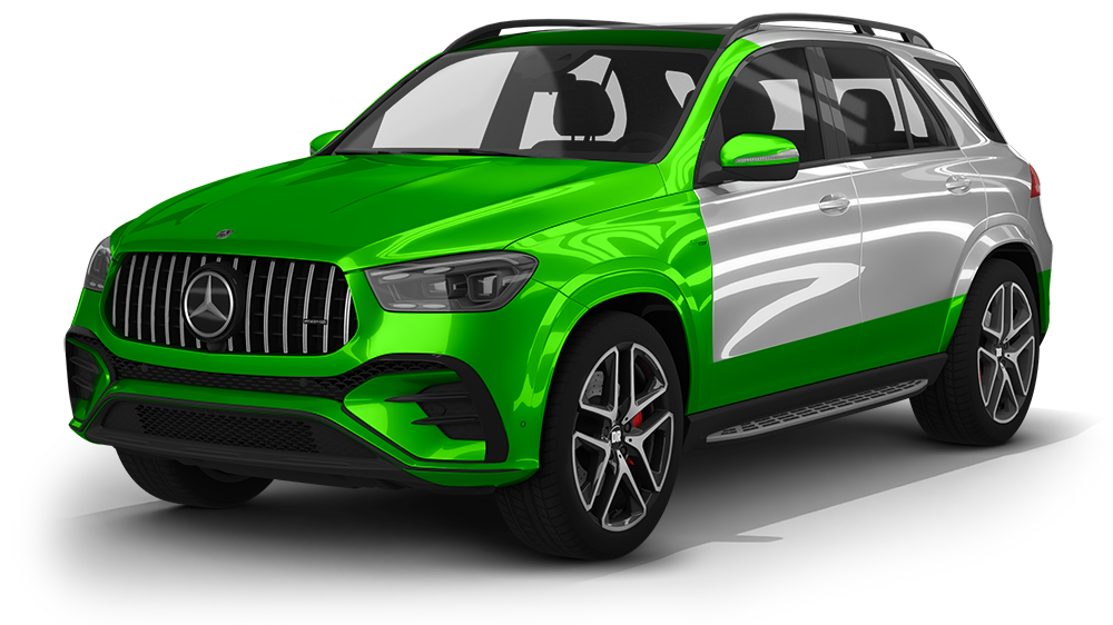 Bright green Mercedes-Benz SUV with silver side accents on a white background