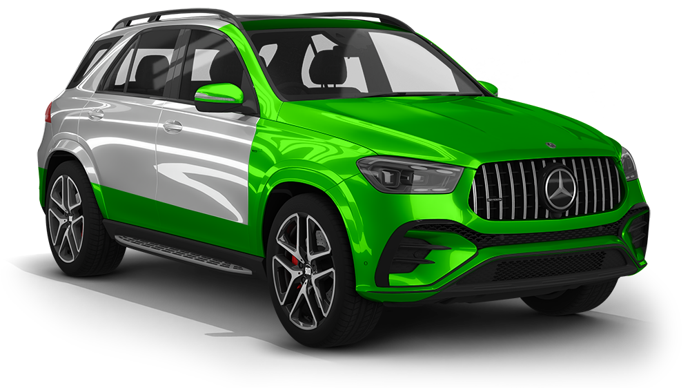 Bright green Mercedes-Benz SUV with silver side accents on a white background