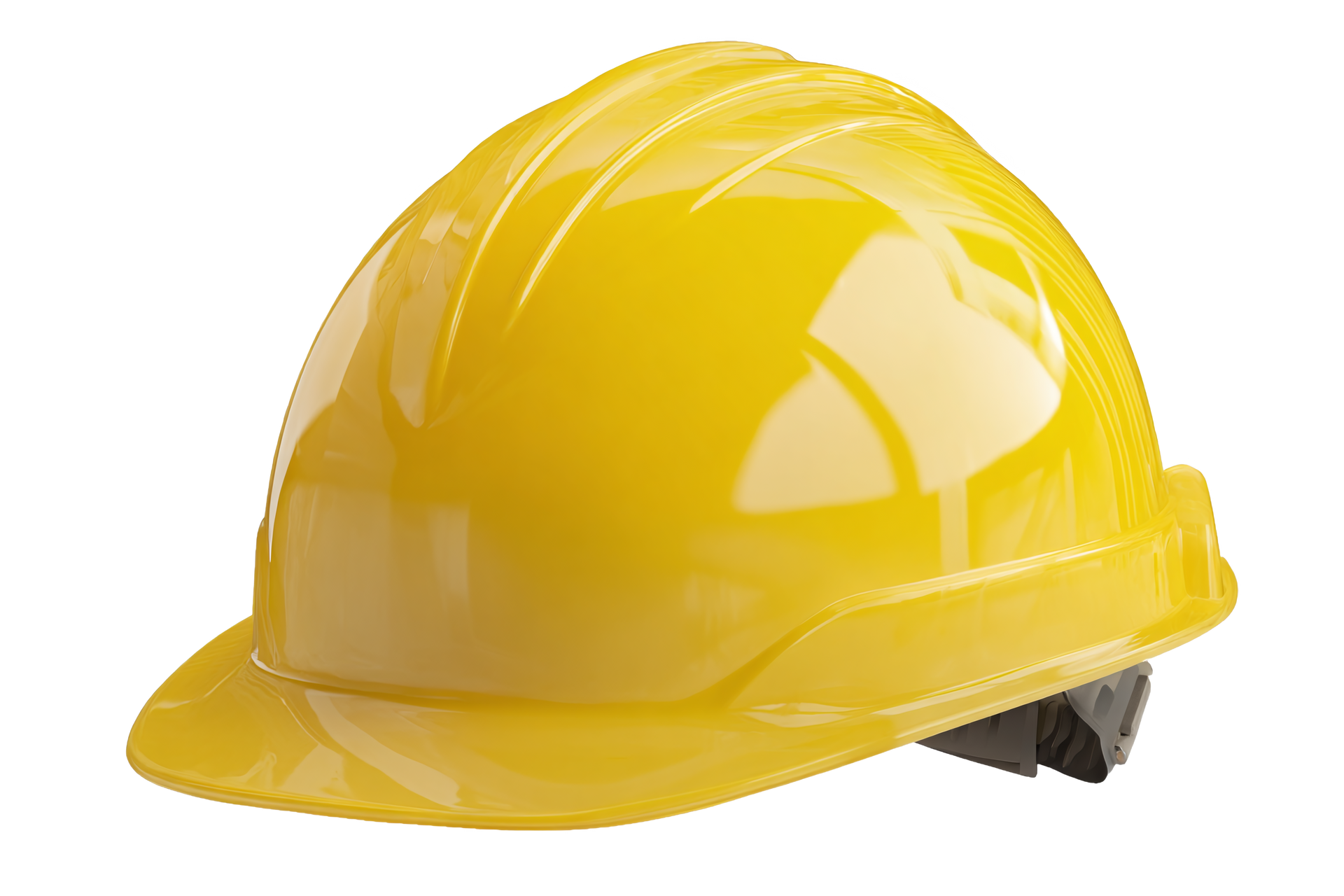 Yellow hard hat, angled, with a brim, viewed from the side.