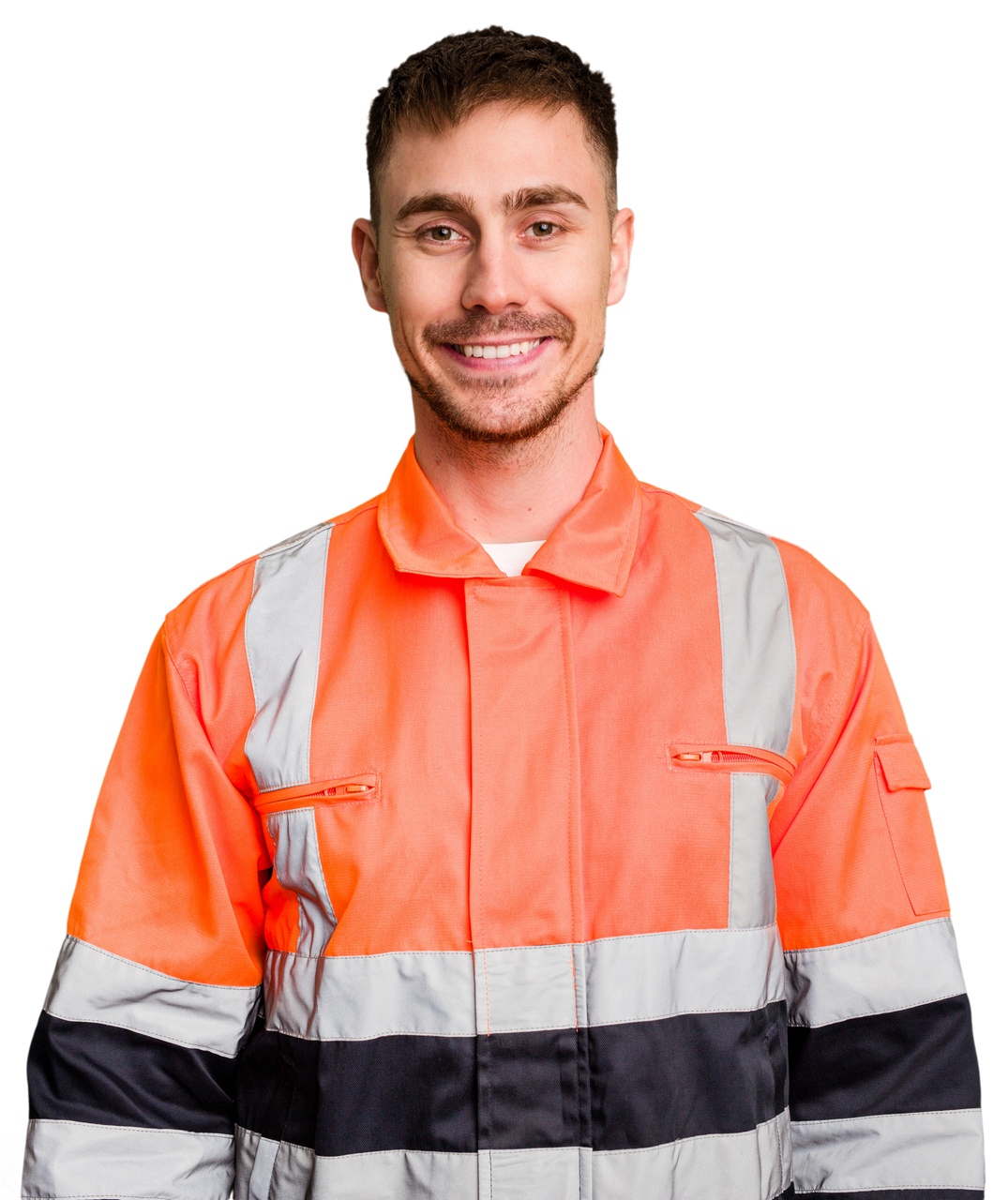 Man in orange and gray work uniform smiles.