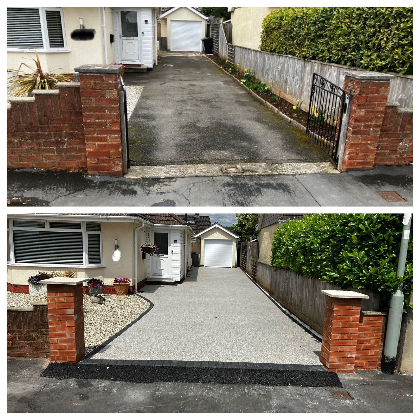 Resin driveway transformation image comparing old tarmac driveway to a new grey surface in grey.