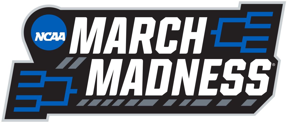 The ncaa march madness logo is black and blue