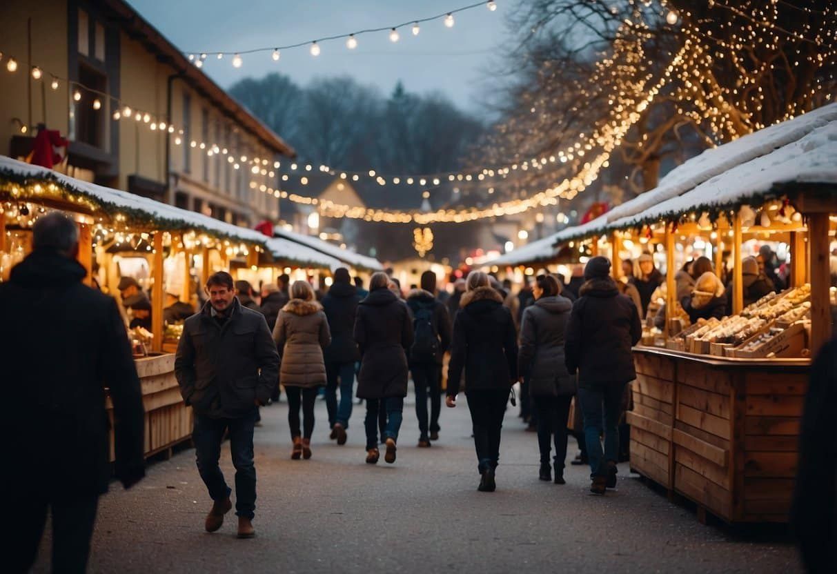 Christmas market scene with illuminated stalls, people strolling, and string lights.