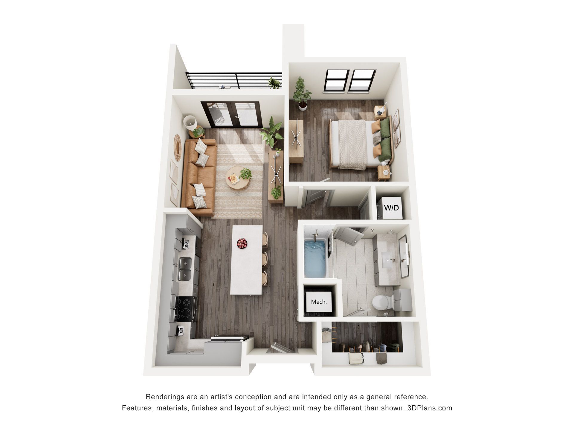 A 3d floor plan of a small apartment with a bedroom , living room , and bathroom.
