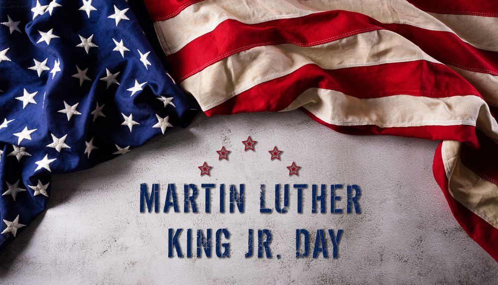 American flag backdrop with text: