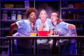 Three women in diner uniforms blowing toward a red bowl, with a kitchen background. The women are smiling with surprised expressions.