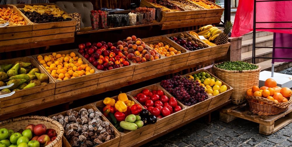 A fruit and vegetable market display. Wooden crates hold a variety of colorful produce, including tomatoes, grapes, oranges, and peaches.