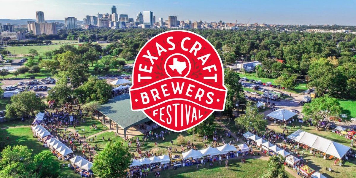 Texas Craft Brewers Festival logo over a green park festival with white tents and Austin skyline